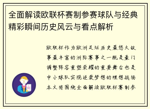 全面解读欧联杯赛制参赛球队与经典精彩瞬间历史风云与看点解析 全面解读欧联杯赛制参赛球队与经典精彩瞬间历史风云与看点解析