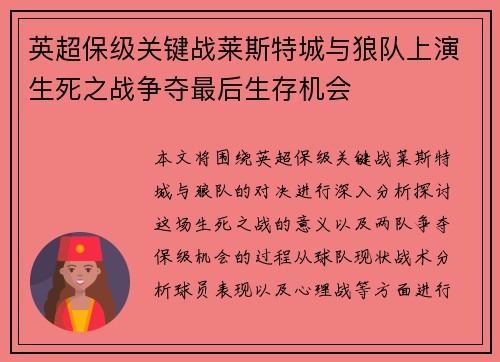 英超保级关键战莱斯特城与狼队上演生死之战争夺最后生存机会
