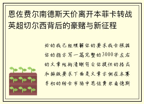 恩佐费尔南德斯天价离开本菲卡转战英超切尔西背后的豪赌与新征程